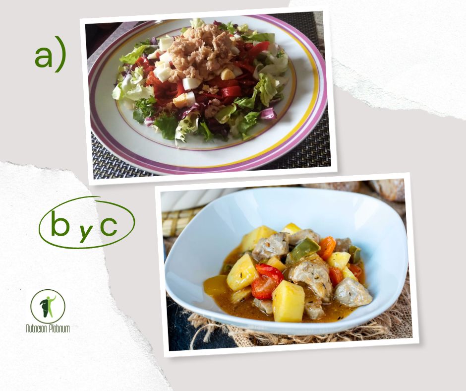 Ensalada de pimientos asados atún y huevo con estofado de cerdo con patatas y verdura